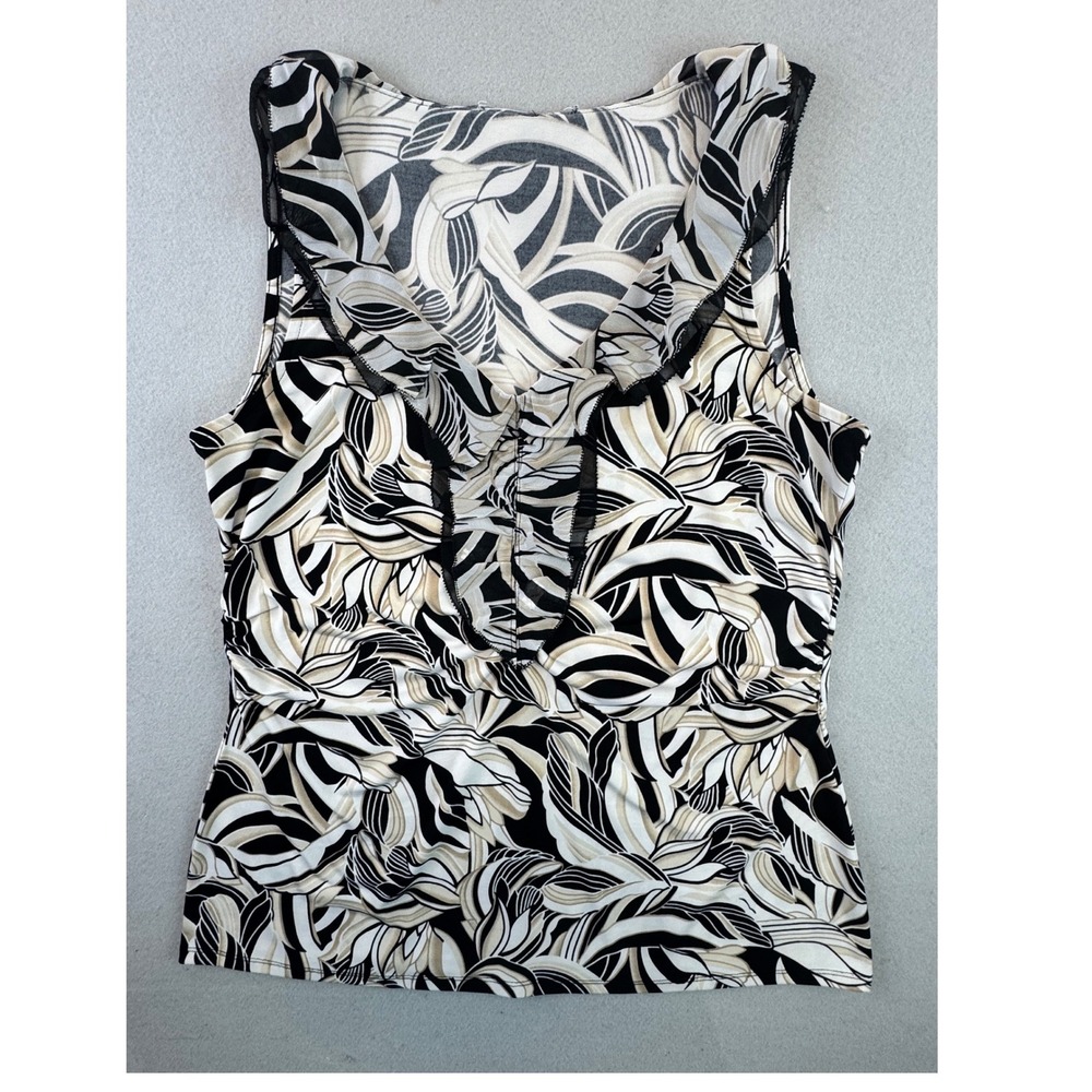 White House Black Market Abstract Leaf Print Sleeveless Mesh Trim Blouse
